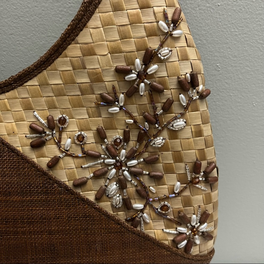 Kate Landry Natural Straw Woven and Beaded Top Handle Shoulder Bag - Picture 2 of 16